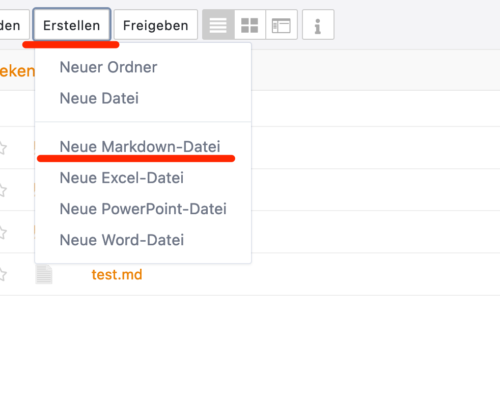 Klick Menü Erstellen - Markdown Datei erstellen anklicken