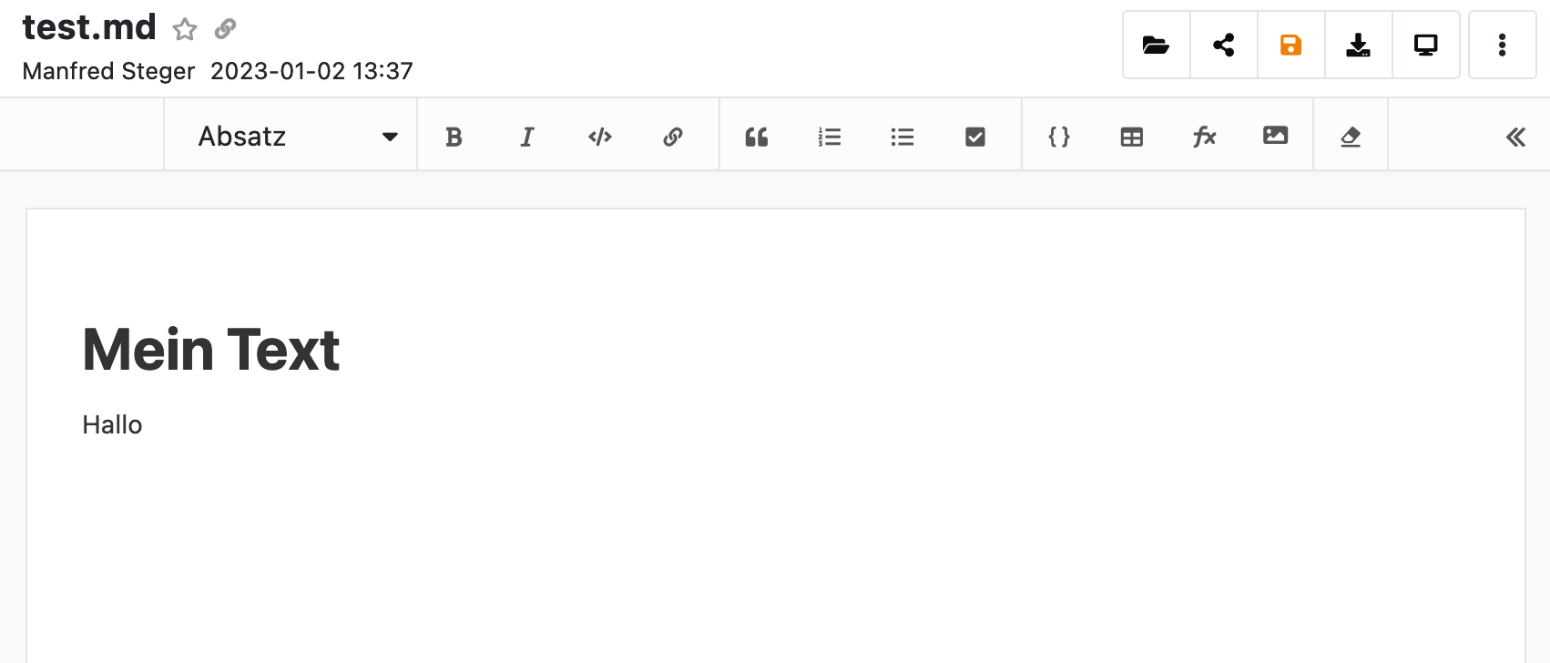 Screenshot des Editors in Seafile für Markdown Dateien - bitte direkt dort hin navigieren wie oben geschildert.