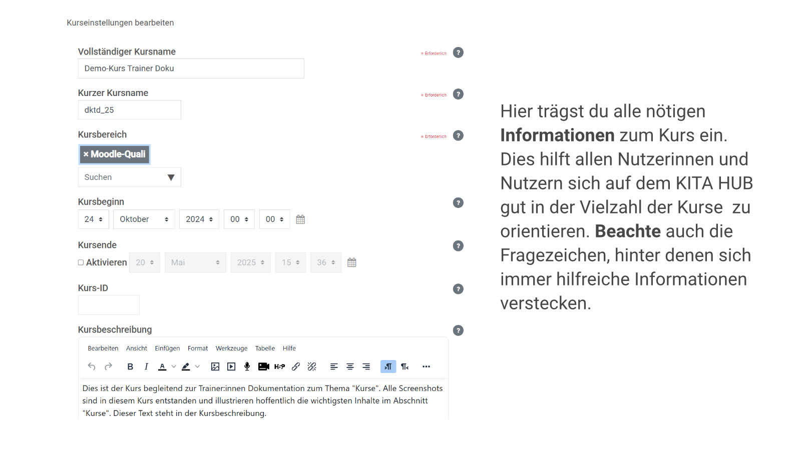 Kurseinstellungen Übersichtsseite