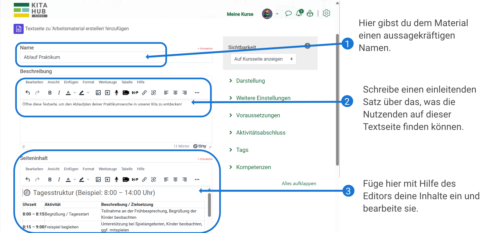Screenshot der Optionen beim Erstellen einer Textseite
