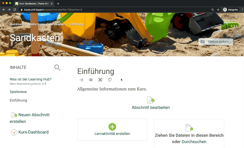Gif Darstellung der oben genannten Punkte - Schritt für Schritt Anleitung Abschnitte im Moodle LMS verschieben