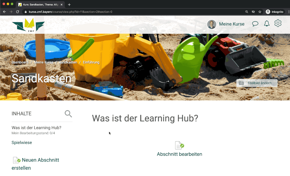 Gif Darstellung der oben genannten Punkte - Schritt für Schritt Anleitung Abschnitte im Moodle LMS anlegen