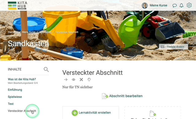 Gif Darstellung mit dem Klick auf das Ausblenden Auge in einem Kursabschnitt. Die schrittweise Erklärung erfogt direkt nach diesem Bild.