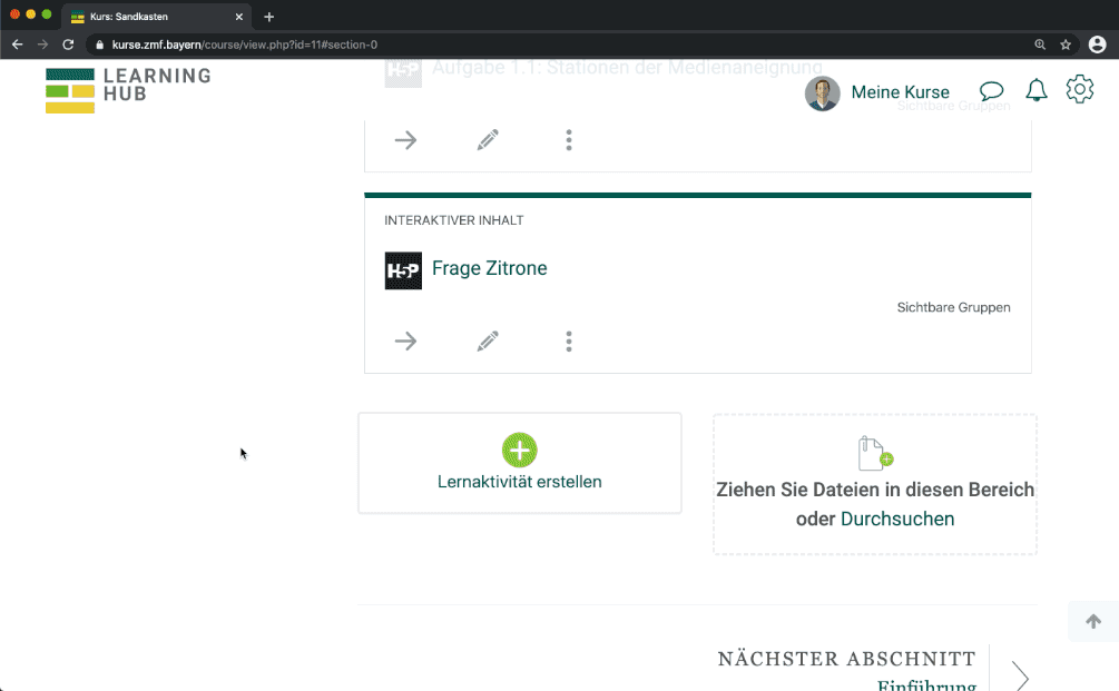 Gif Darstellung zum Anlegen einer Aktivität in Moodle mit dem Namen BigBlueButton Videokonferenz.