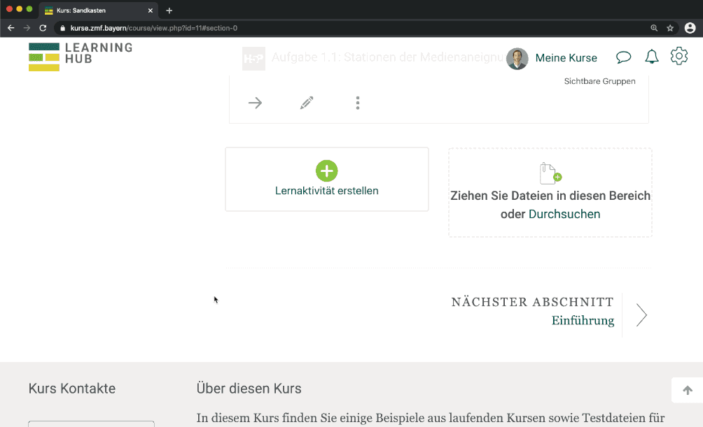 Gif Darstellung der oben genannten Punkte - Schritt für Schritt Anleitung Aktivität erstellen und Dateien hochladen im Moodle LMS