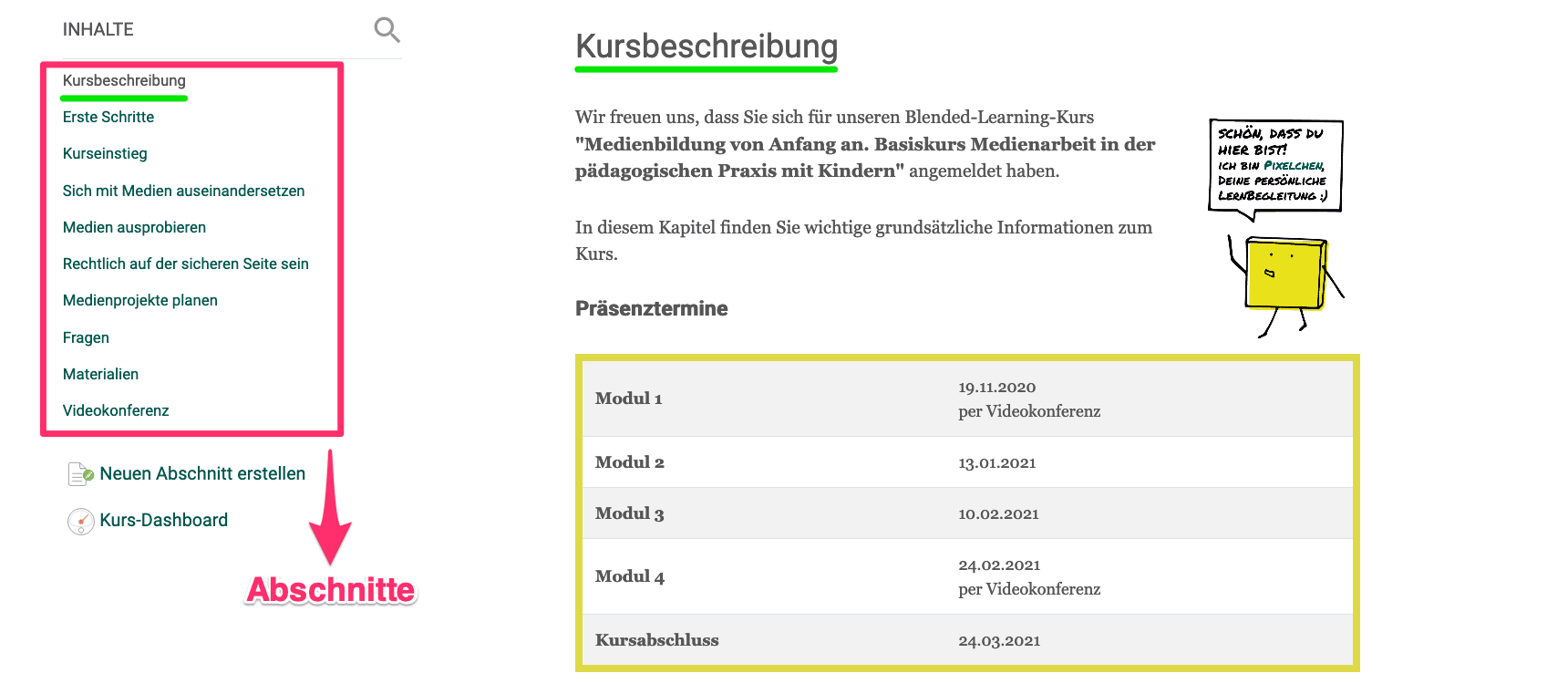 Zu sehen ist die eine Kursseite im LMS Moodle mit markierten Feldern wie z.B. den Abschnitten. Das Bild wird in den folgenden Absätzen erklärt.