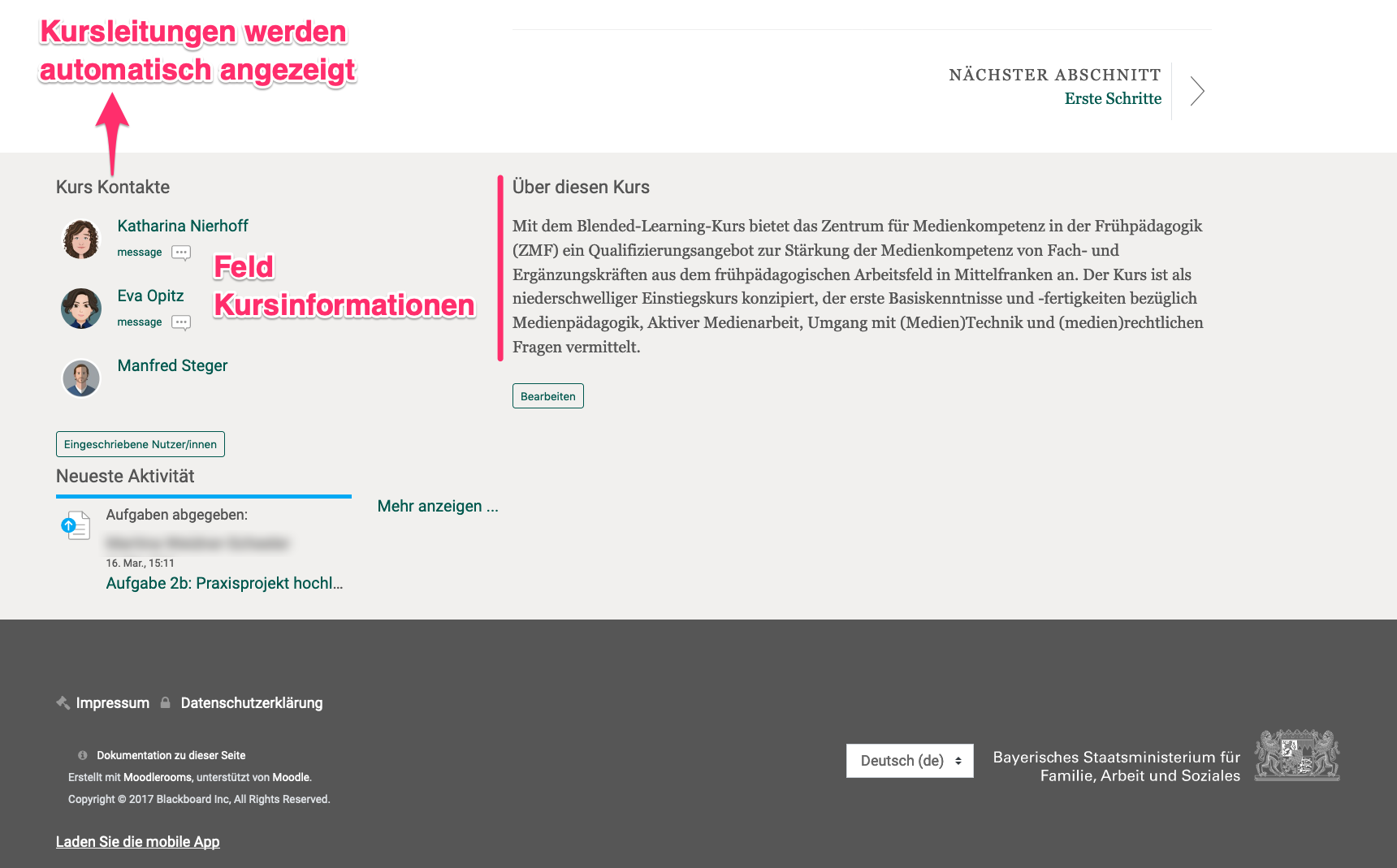 Zu sehen ist die Fußzeile eines Kurses im LMS Moodle mit Pfeilen, die auf die Kurs Kontakte und die Kursinformationen zeigen. Das Bild wurde im vorherigen Absatz erklärt.