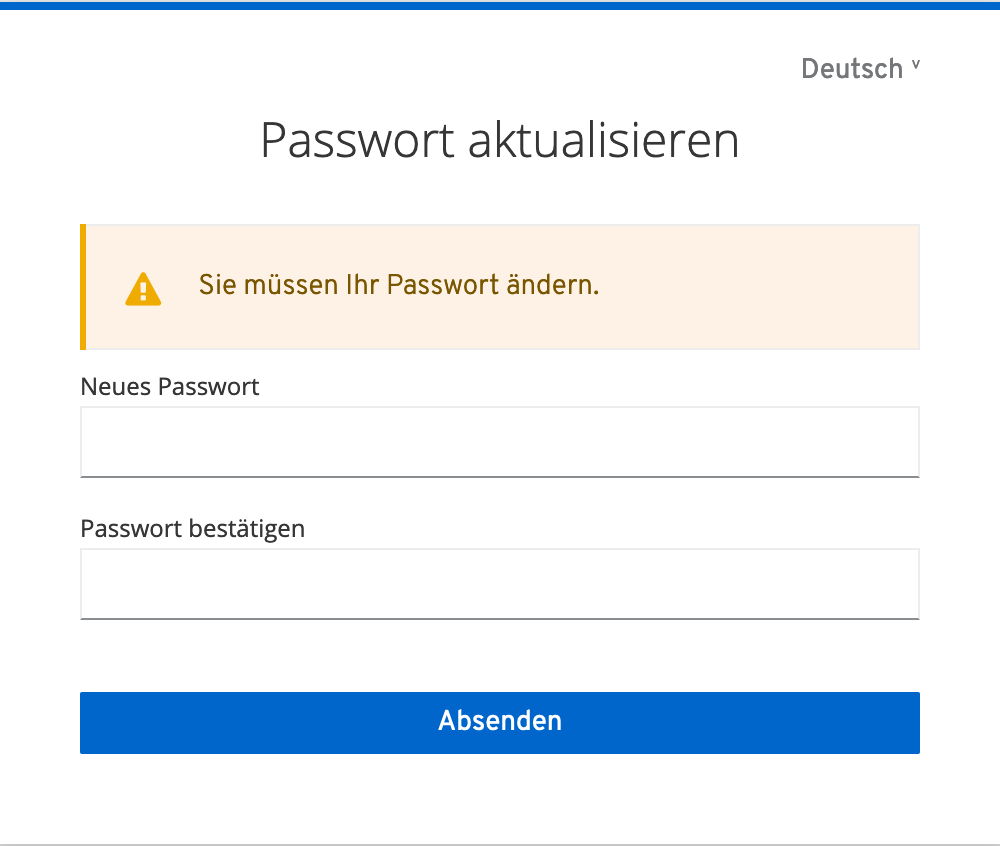 Das Bild zeigt das neue Passwort eingeben Fenster an. Sie erhalten dieses Fenster nachdem sie in der E-Mail auf den Passwort vergessen Link geklickt haben.