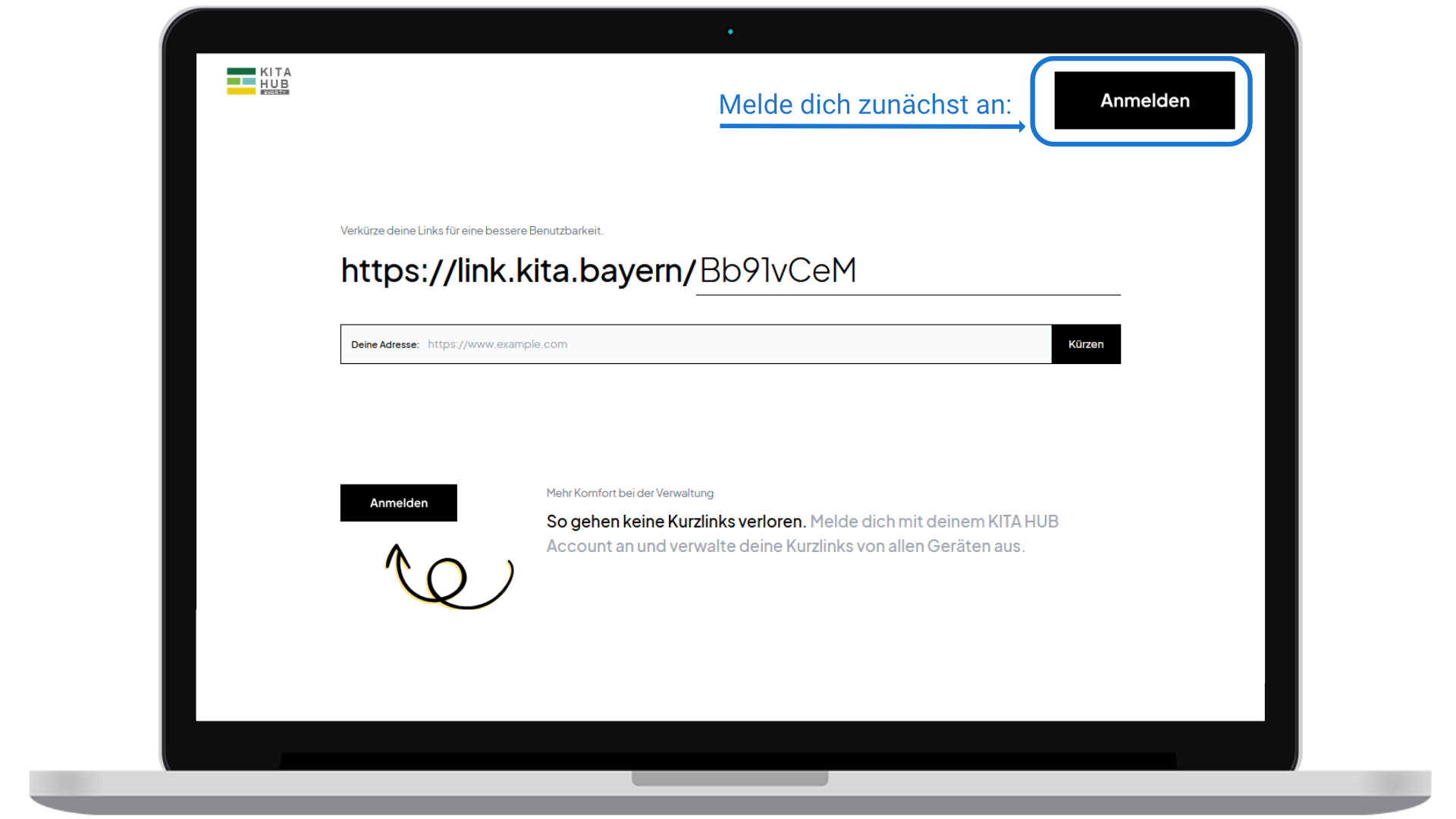 Login oben rechts auf der Seite www.link.kita.bayern mit Hinweis "Melde dich zuerst an".