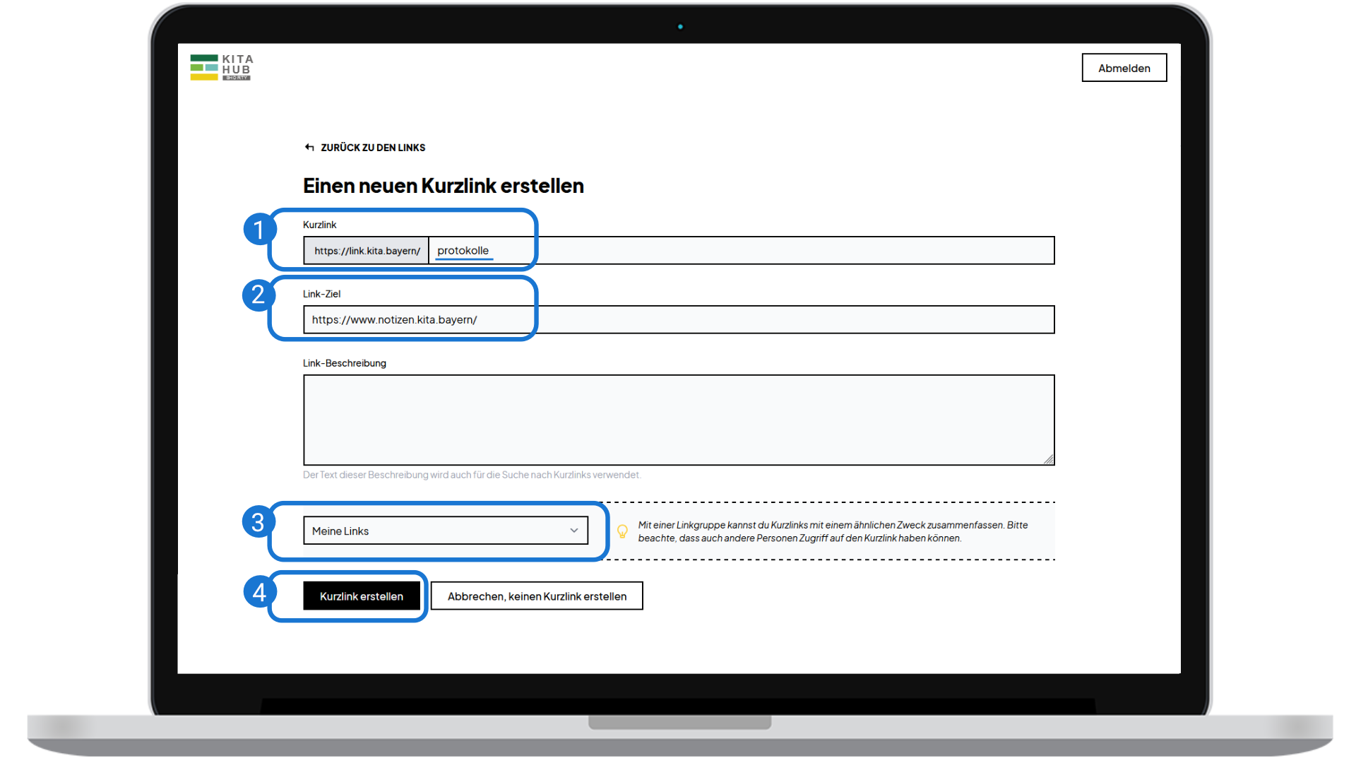 Screenshot der Bearbeitungs-Maske "Einen neuen Kurzlink erstellen" mit Eingabefeldern Kurzlink-Name, Link-Ziel, Linkgruppe.