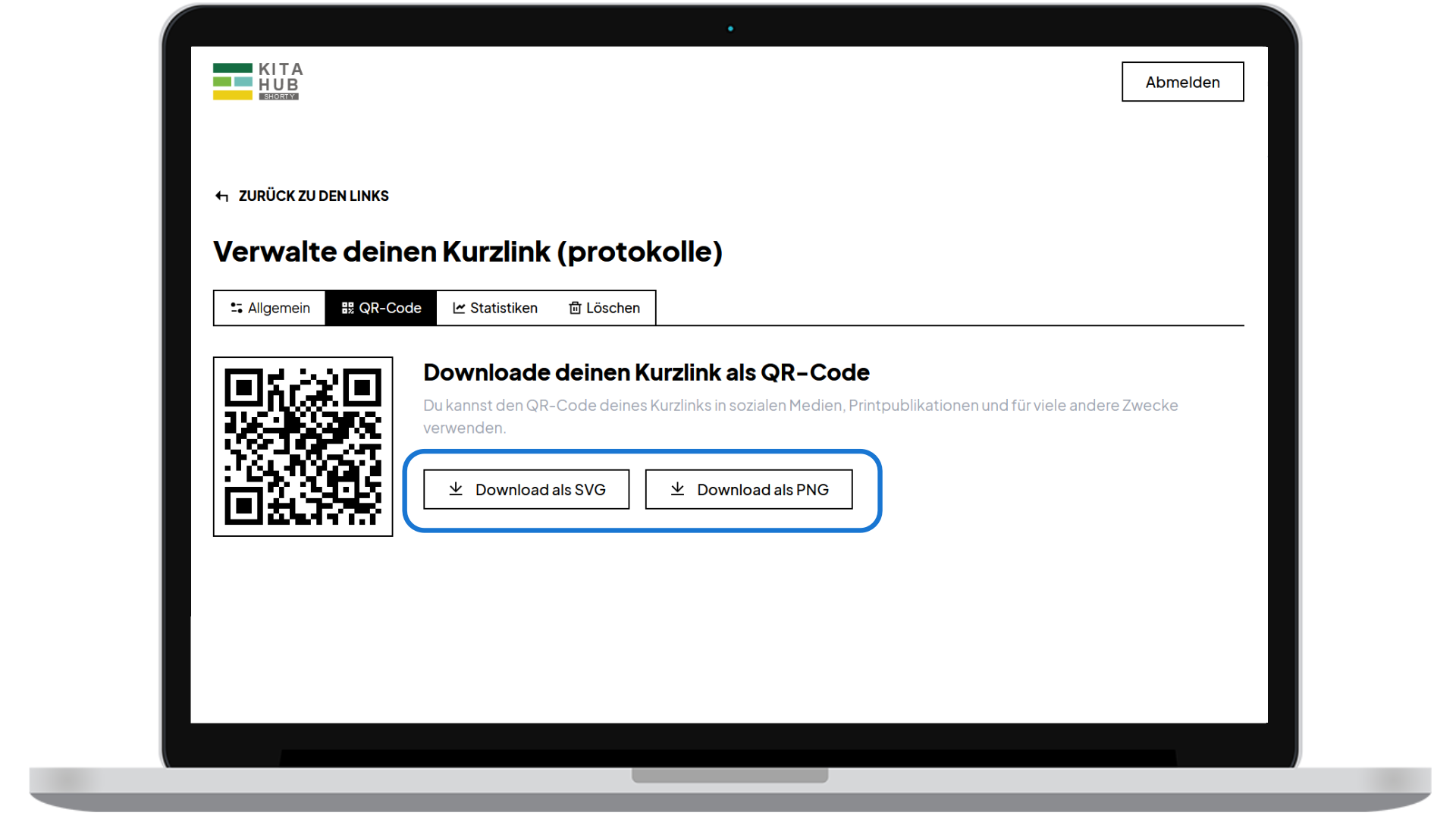 Screenshot der Bearbeitungs-Maske "Verwalte deinen Kurzlink" mit Download-Möglichkeit QR-Code als SVG oder PNG.